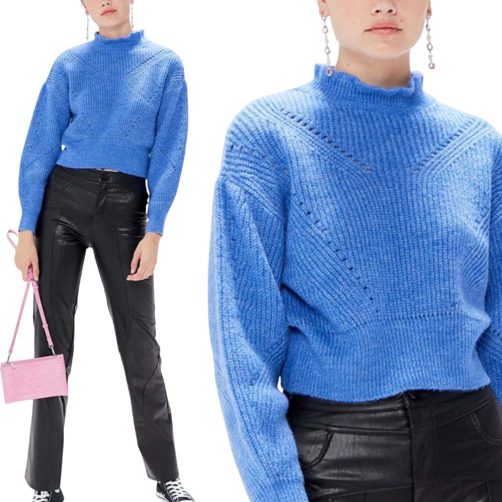 Urban Outfitters Sweater Long Puff Sleeve Ruffled Mockneck Pointelle Blue NEW XS